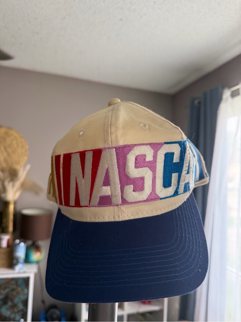 Vintage NASCAR Chase Racewear Snapback Hat Cap Wrap Around Block Logo Cream Blue